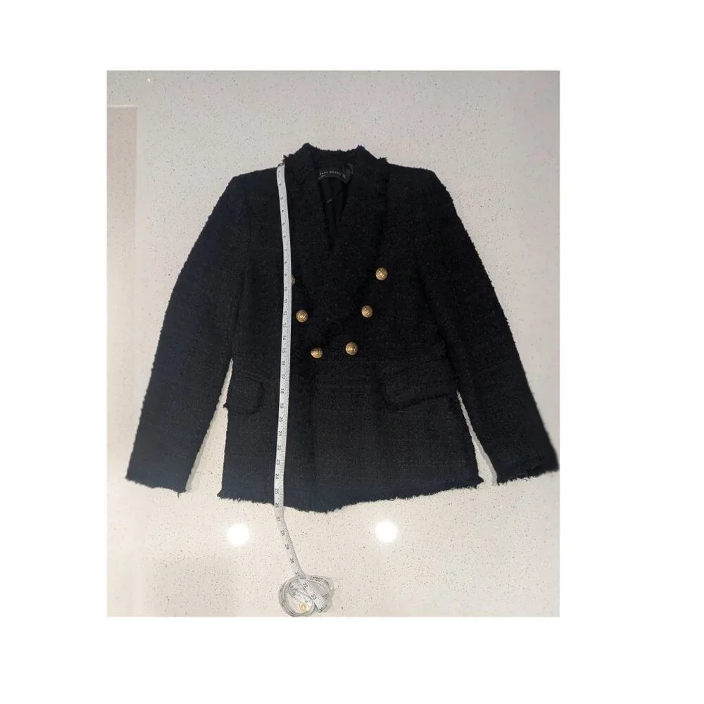 ZARA Woman Black Bouclé Tweed Double-Breasted Blazer Size S Gold Buttons - Picture 7 of 8